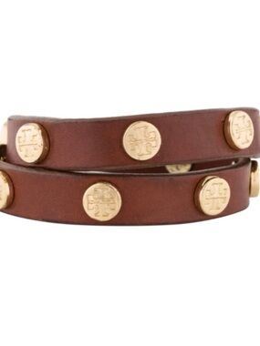 Tory Burch Brown Leather Double-Wrap Bracelet with Gold Logo Studs